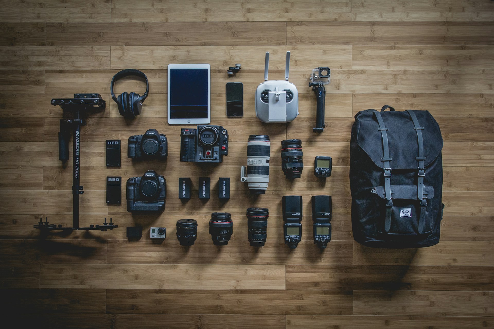 camera peripheral group, and camera bag prepare on the wooden table