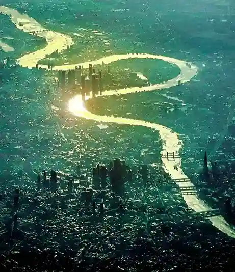 Dramatic aerial view of the London cityscape at night, featuring the winding, golden-lit River Thames through a dense urban area and shadows of famous landmark buildings.